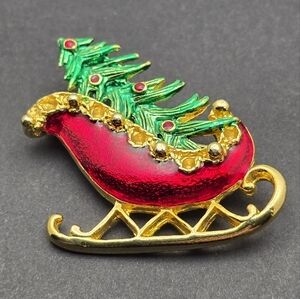 Festive Gold and Red Brooch with Green Accents Tree